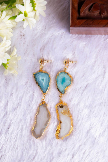 Zaariya- Large Semi Precious Druze / Agate Natural Stone Statement Earrings in Lt Gold Metal Finish