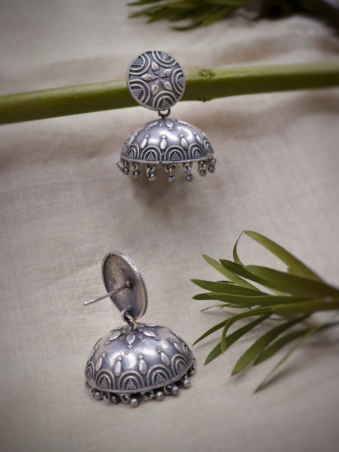 Handmade Brass Jhumka Oxidized Silver look alike Evening Dinner Casual Party Earrings - SARA