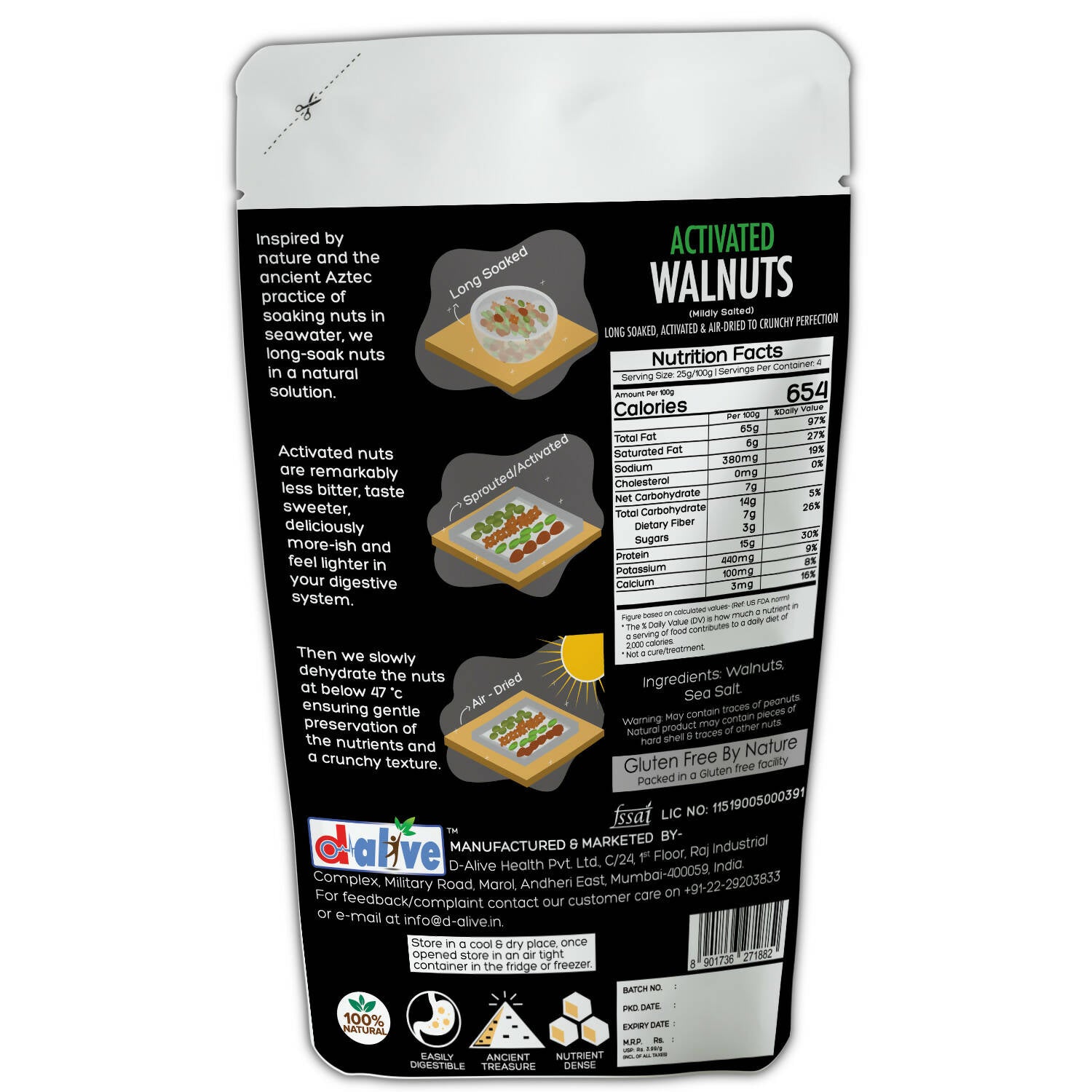 "Activated/Sprouted Walnuts - Mildly Salted (100% Natural, Long Soaked & Air Dried to Crunchy Perfection) - 100g "