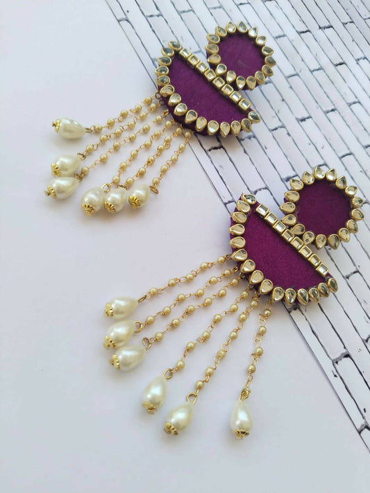 Rainvas Violet kundan jhumka with pearls chain earrings
