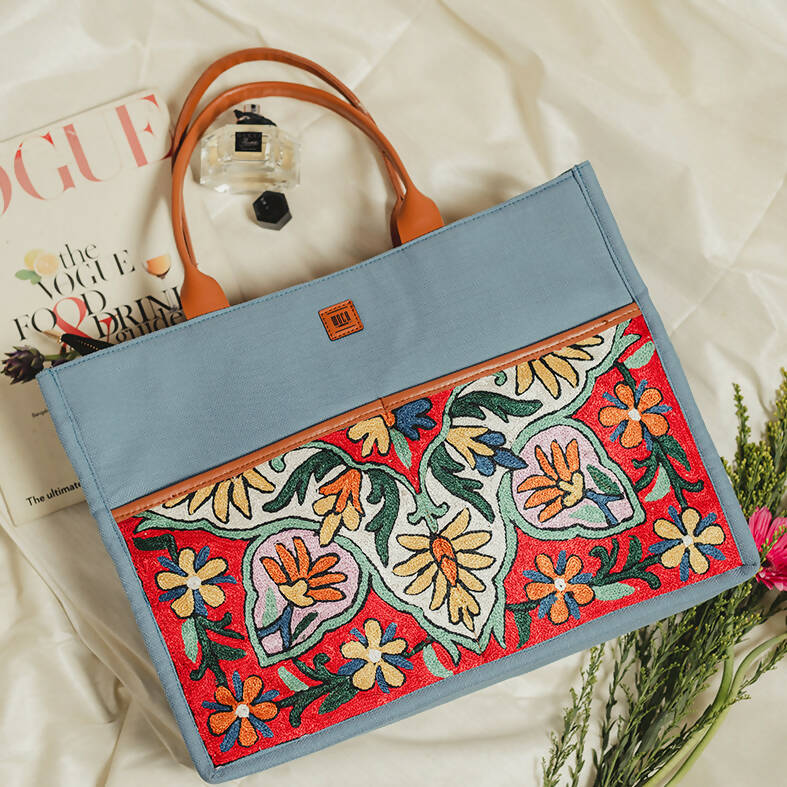 Tulip Blue Chain Stitch Hand Embroidery Canvas Book Tote Bag