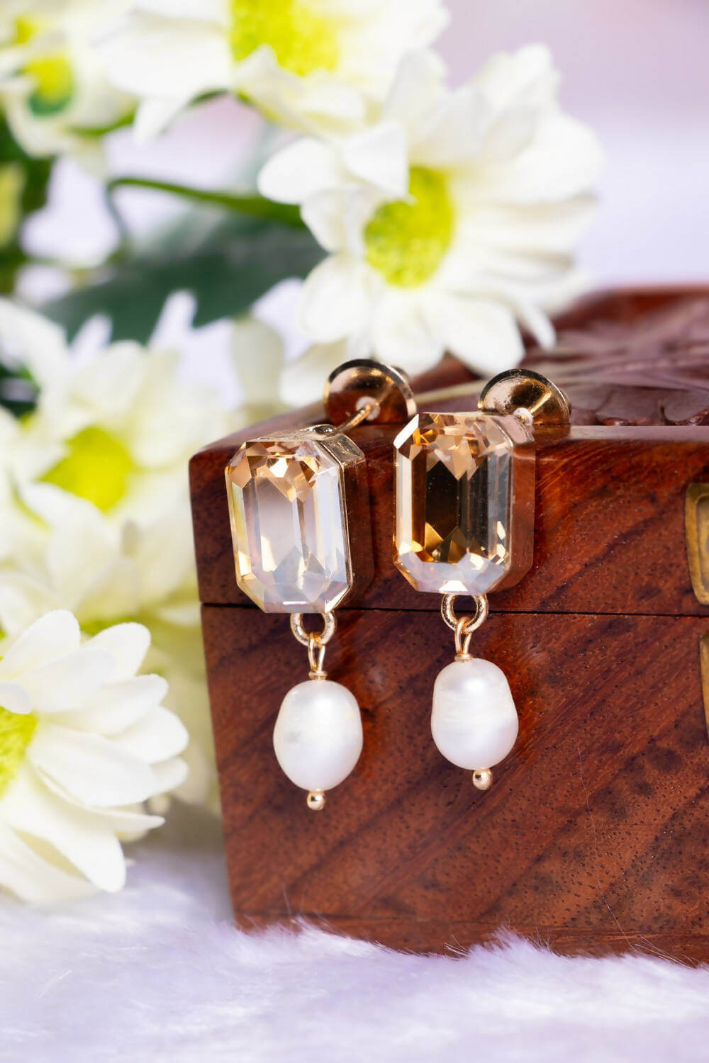 2 Stone Swarovski Crystal Stud Earring with Pearl Drop hanged on the wooden Box