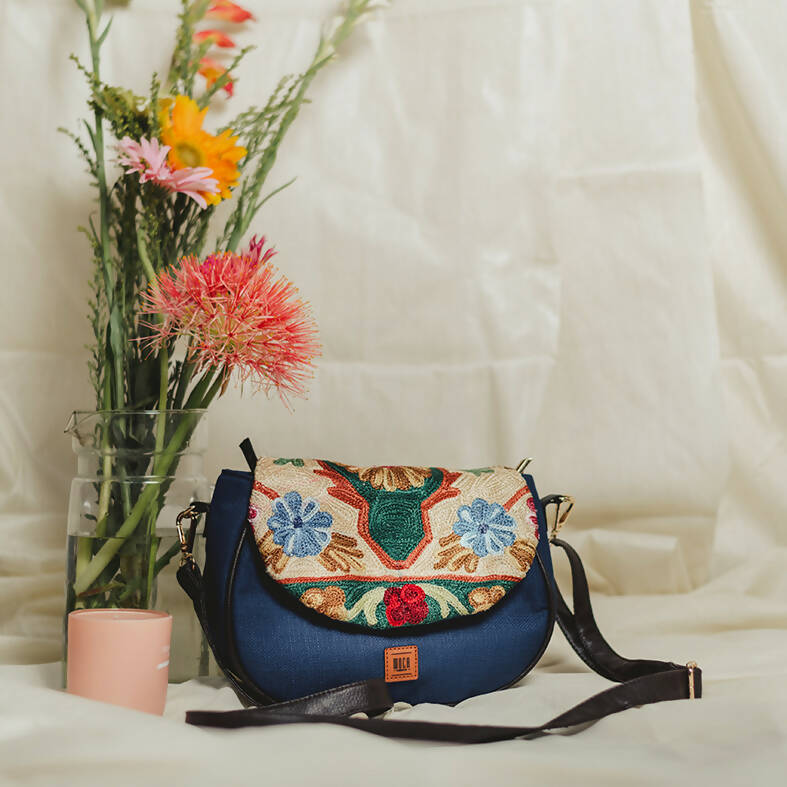Sillica Blue Chain Stitch Hand Embroidery Canvas Sling Bag