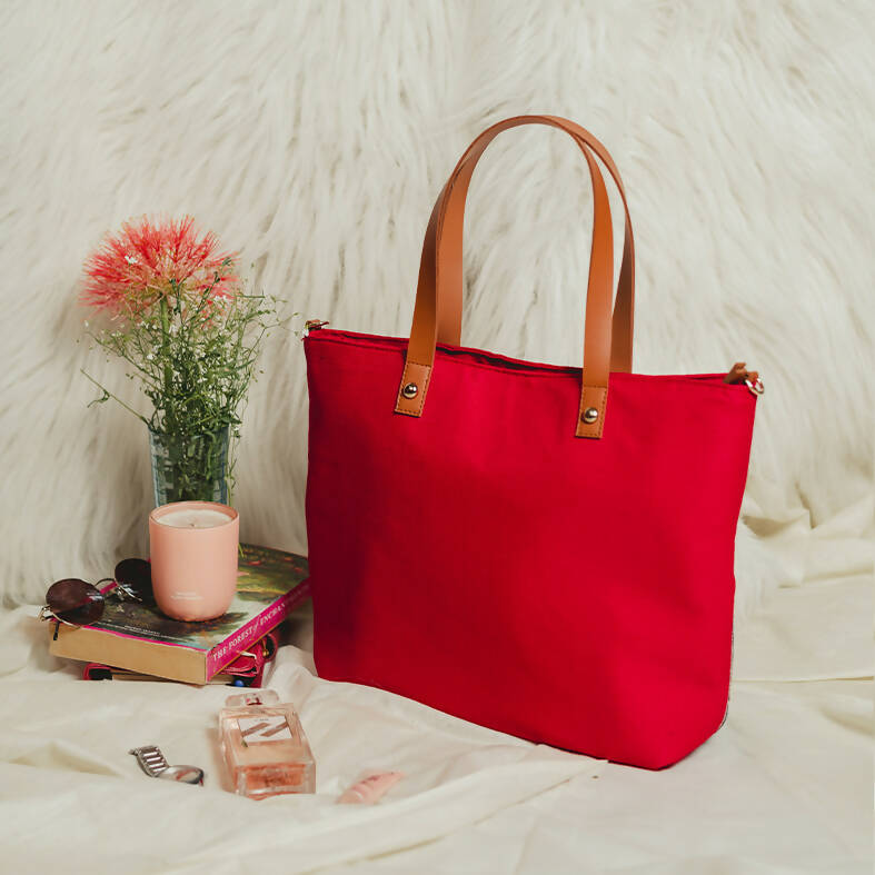 Lilly Pastel Red Chain Stitch Hand Embroidery Canvas Tote Bag