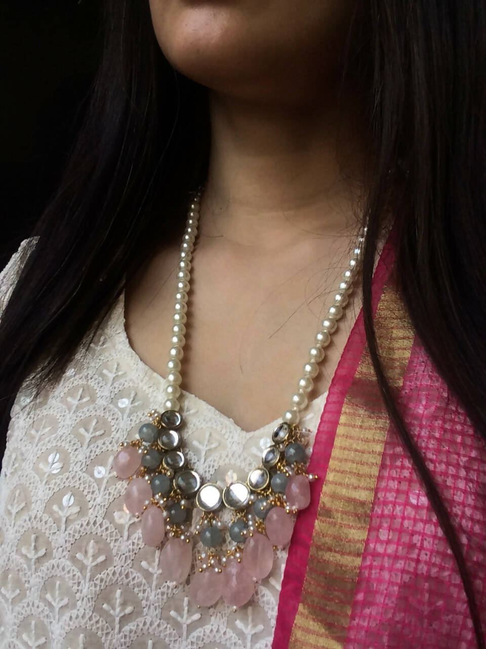 Rose Quartz and Kundan Long Necklace