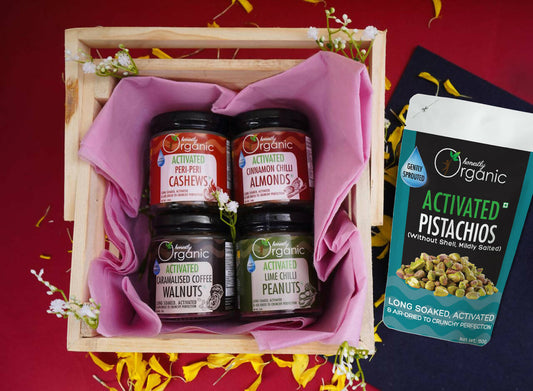 D-Alive Special Festival Hamper (Activated Peri Peri Cashews 100g + Activated Caramelised Coffee Walnuts 75g + Activated Cinnamon Chilli Almonds 100g + Activated Lime Chilli Peanuts 100g + Activated Pistachios 150g) - 525g
