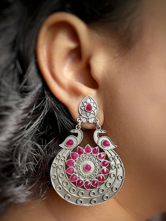 Handmade Brass Oxidized Silver look alike Dangler Earrings with Pink Art stone -KALASH