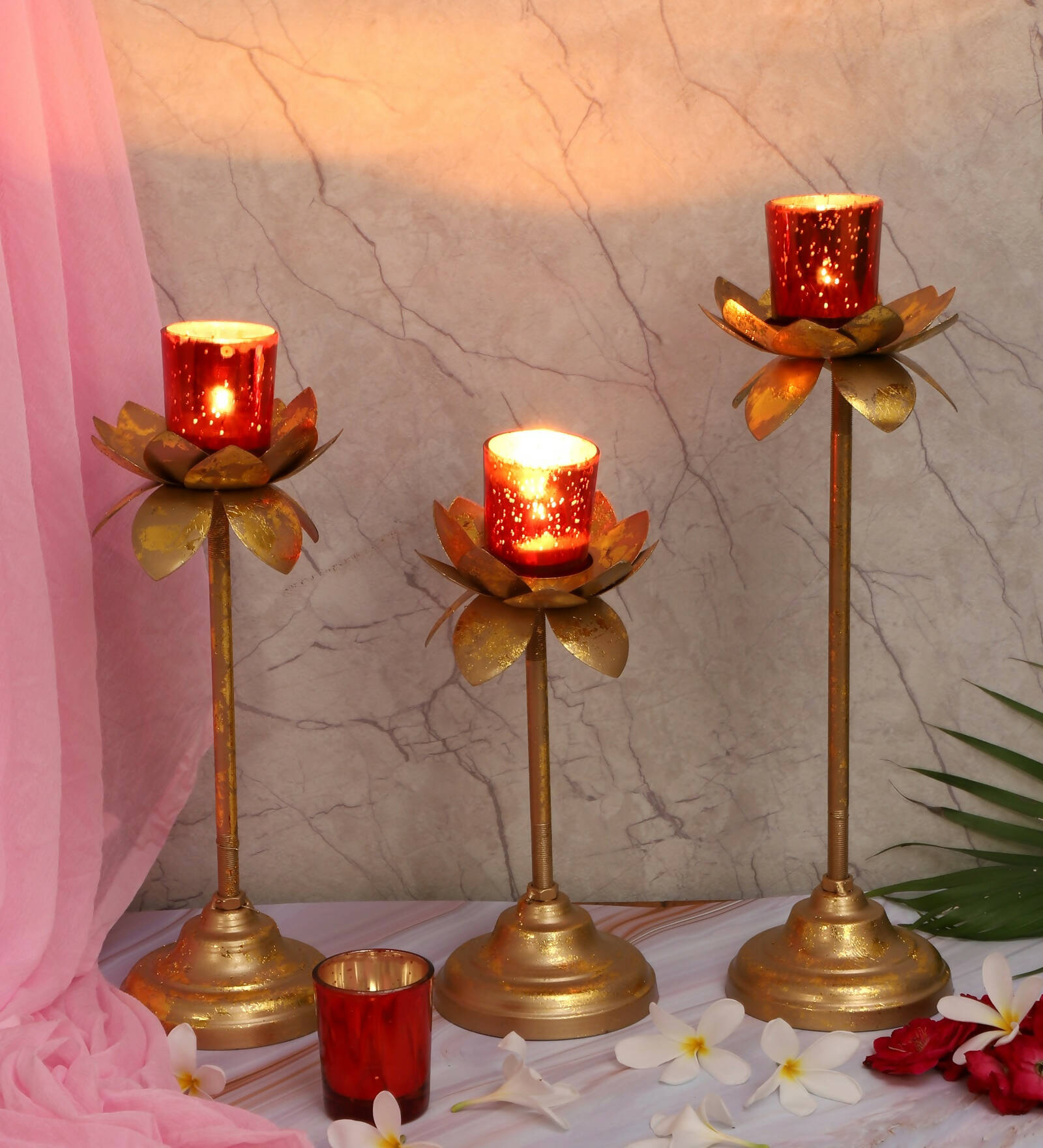 Three Layer Lotus With 4 Red Glass Votive Tealight Holder