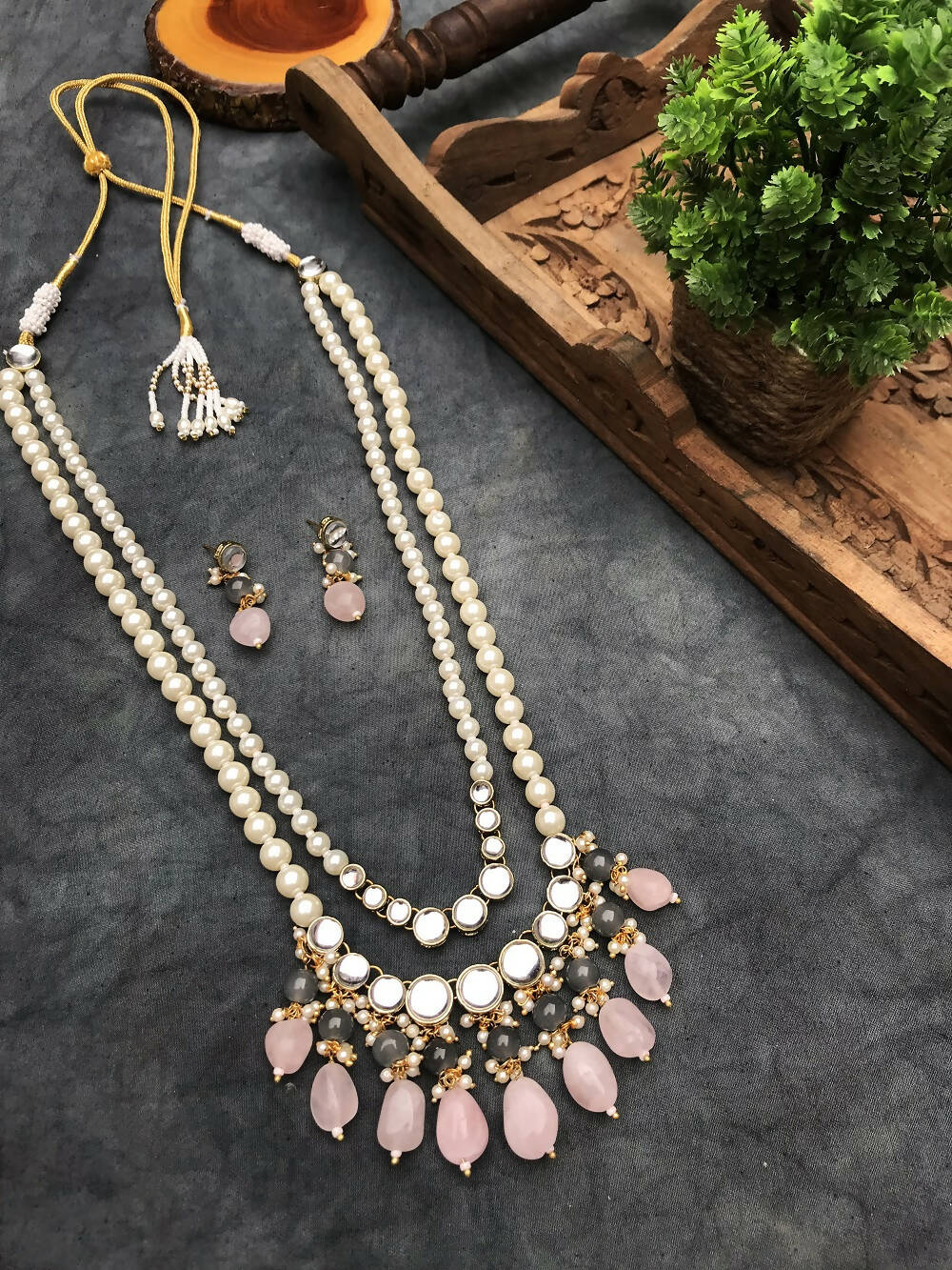 Rose Quartz and Kundan Long Layered Necklace