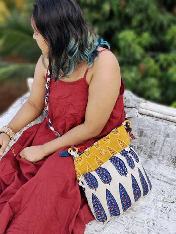 Almitra Sustainables Blue & Off-white Hand Block Printed Braided Ethnic Sling Bags.