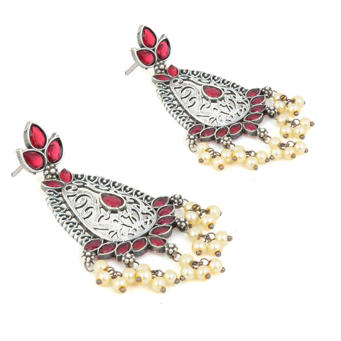 Ruby Studded German Silver Drop Earrings