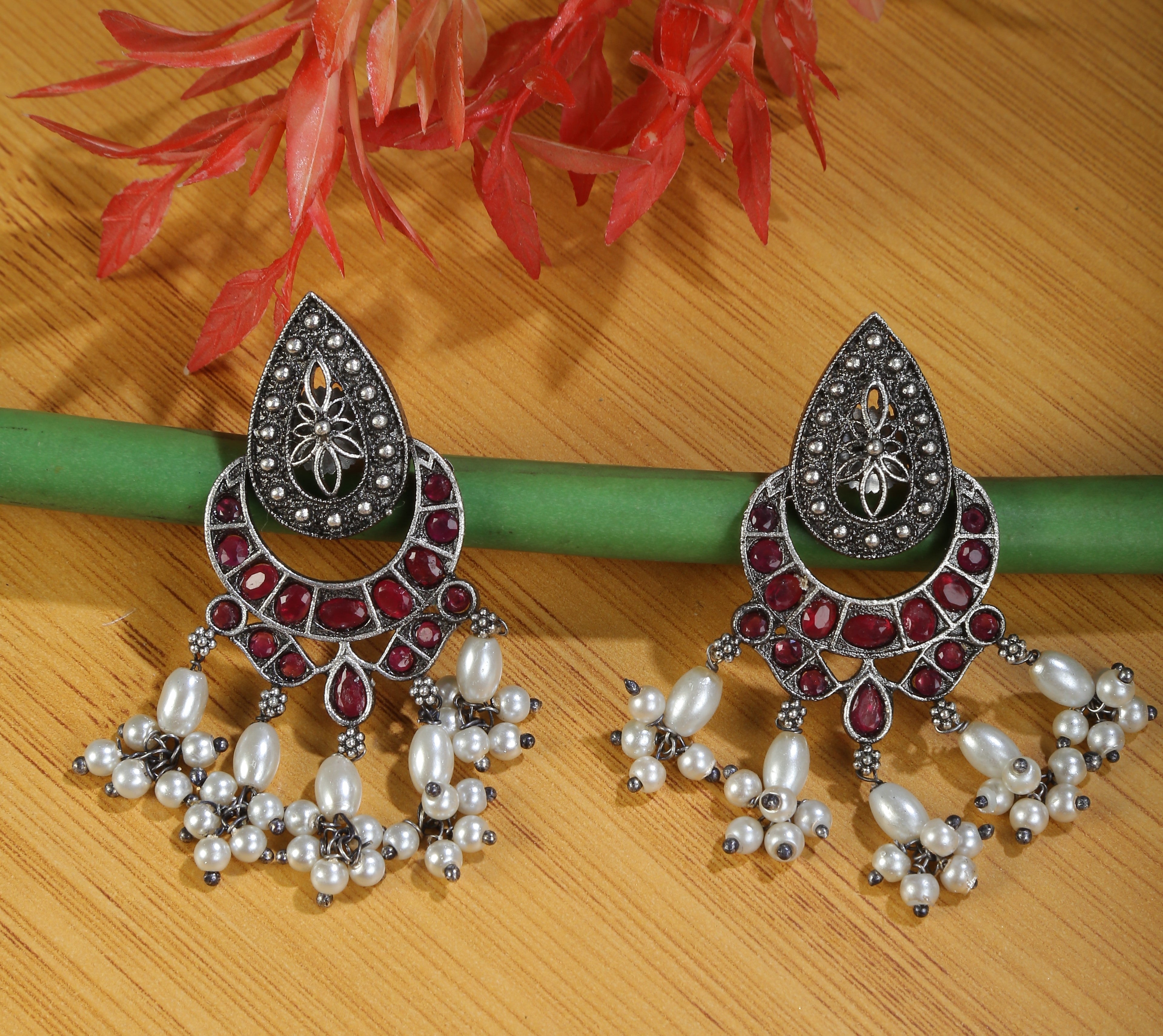 Handcrafted German Silver Ruby Studded & Pearl Beaded Drop  Earrings