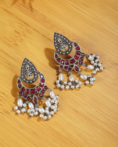 Handcrafted German Silver Ruby Studded & Pearl Beaded Drop  Earrings