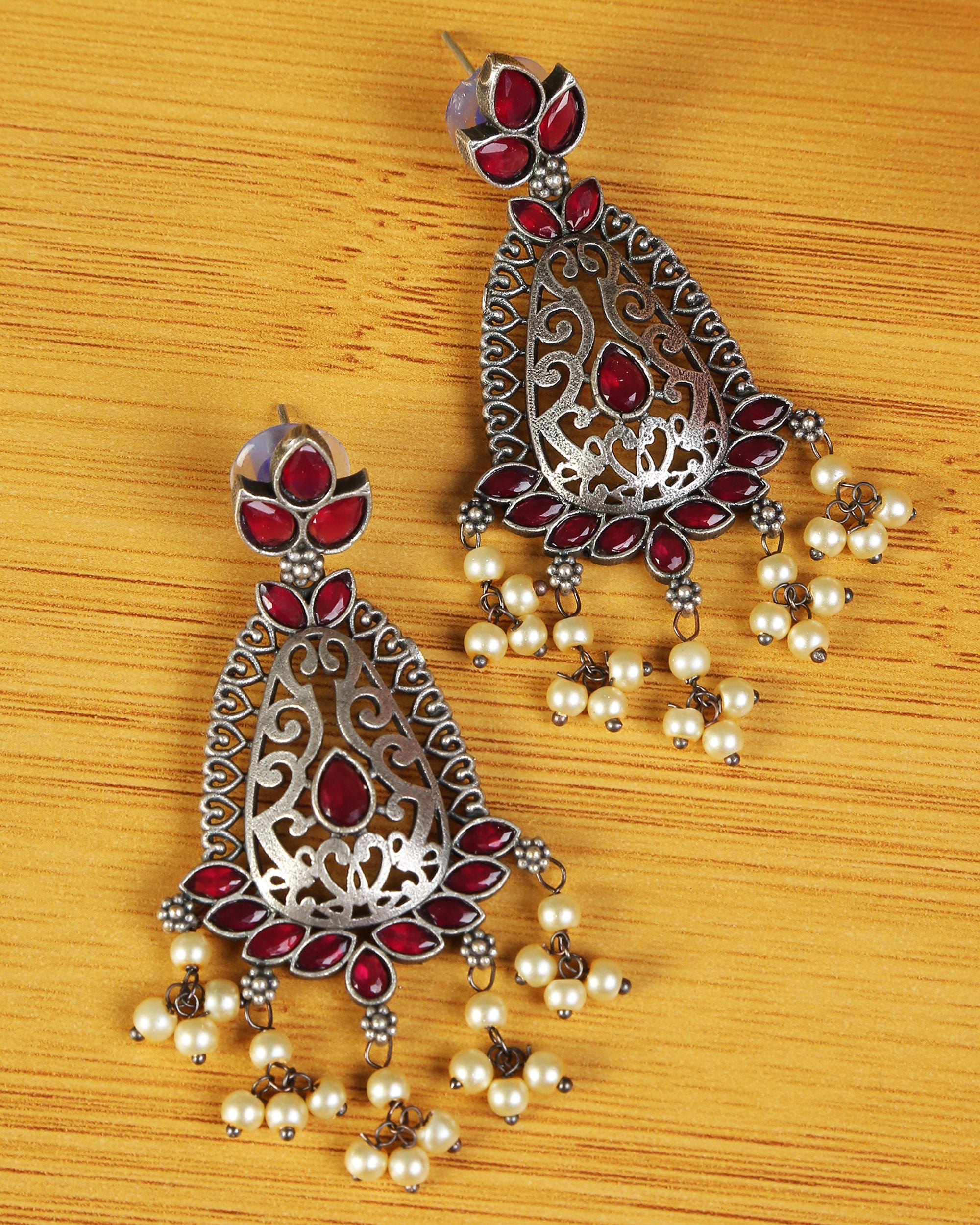 Ruby Studded German Silver Drop Earrings