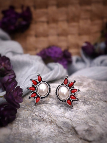 Handmade Brass Oxidized Silver look alike Everyday Casual Office Formal Evening Party Stud Earrings with art pearl red art stone - MOULI