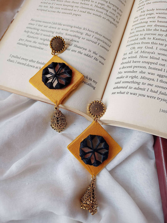 Rainvas Yellow and black mirror jhumka earrings