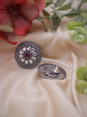 Handmade Brass Oxidized Silver look alike Party wear Stud Earrings with Red and White Art Stone -CHITRANGADA