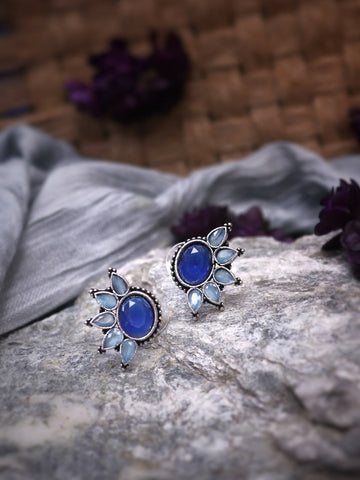 Handmade Brass Oxidized Silver look alike Everyday Casual Office Formal Evening Party Stud Earrings with Blue art stone - NIRULA