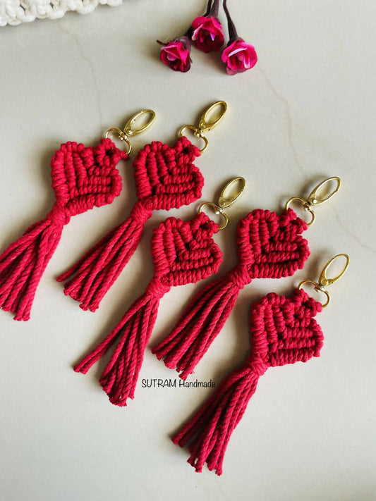 Macrame Heart Keychain Bag Charm, Gift for wife, husband, friend, Handmade washable (SET OF 2), RED COLOR
