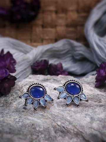 Handmade Brass Oxidized Silver look alike Everyday Casual Office Formal Evening Party Stud Earrings with Blue art stone - NIRULA