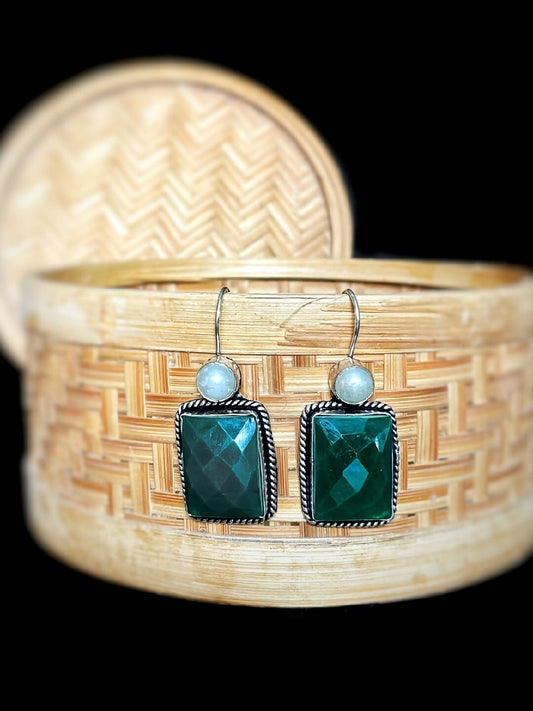 Handmade Brass Oxidized Silver look alike Dangler Earrings with Green Art stone and Art Pearl - ARBELLA
