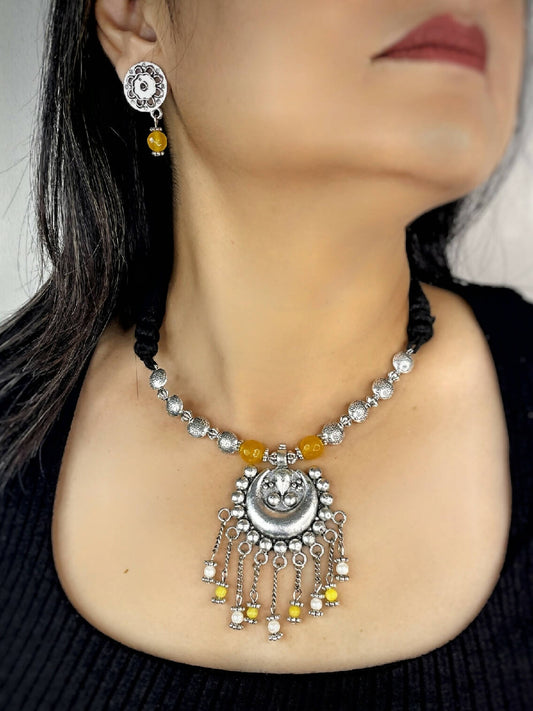 Handmade German silver oxidized silver look alike Evening Dinner Casual Party Minimalistic Necklace set with Art Pearls and Yellow Art Stone- CHAKRIKA
