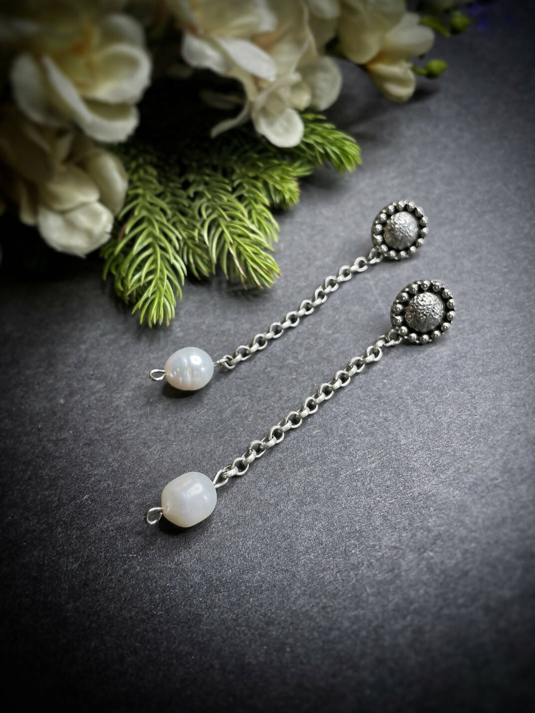 Handmade Brass Oxidized Silver look alike Minimalistic Dangler Earrings with Fresh water Pearls - AAVA