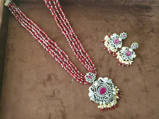 Zaariya Long Red Beaded Necklace with victorian Pendant