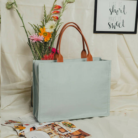 Tulip Pastel Blue Hand Embroidery Canvas Book Tote Bag