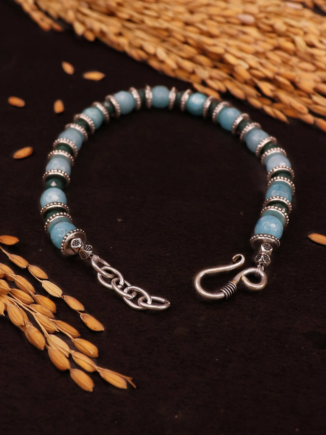 Handmade German silver oxidized silver look alike Office wear Everyday Casual Bracelet with sky Blue onyx and Green Crystal Cut Beads - NAZM