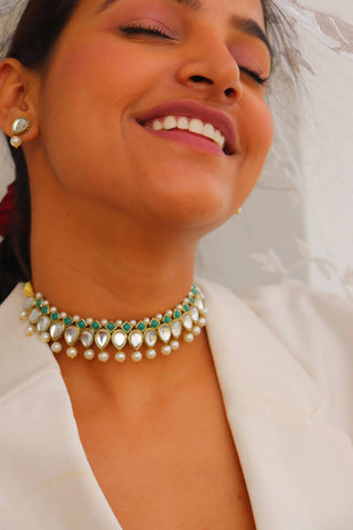Kundan Pearl and Green Stone Drop Necklace Set