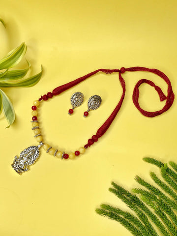 Handmade German Silver oxidized silver look alike Evening Dinner Casual Party Minimalistic necklace set with Yellow Glass beads & Maroon Tassel - AVANTIKA
