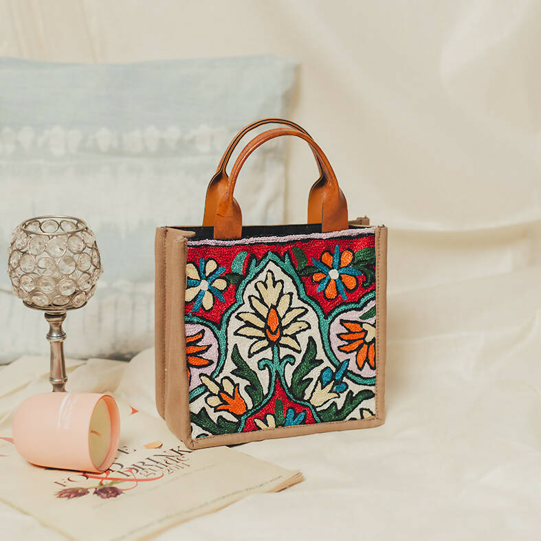 Tulip Blue Chain Stitch Hand Embroidery Canvas Mini Book Bag