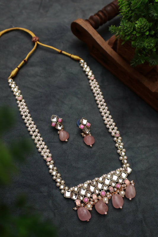 Rose Quartz Kundan and Pearl Long Necklace Set