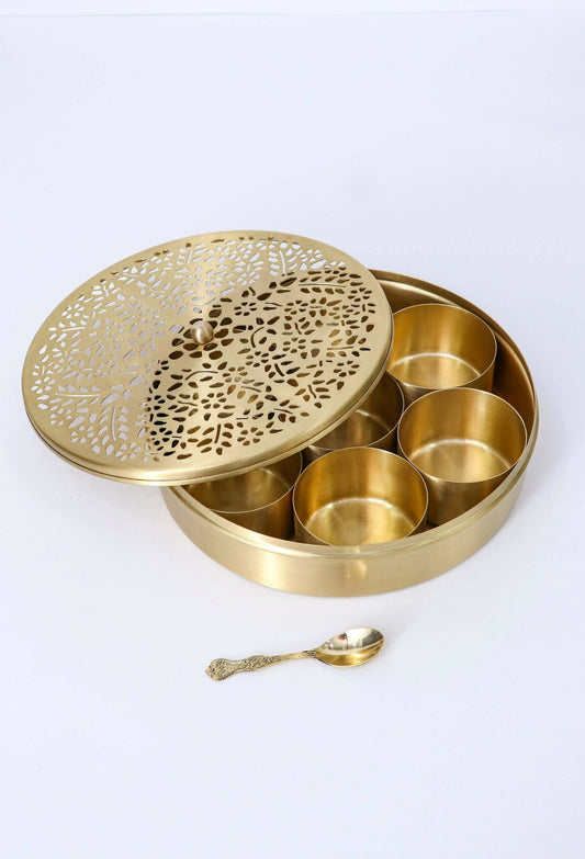 House of Wemy Golden Spice Container with Designer Lid 7 Compartments and 1 Spoon