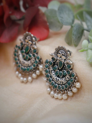 Handmade Brass Oxidized Silver Silver look alike Evening Dinner Casual Party Earring with green stones and Pearls-MOURNI