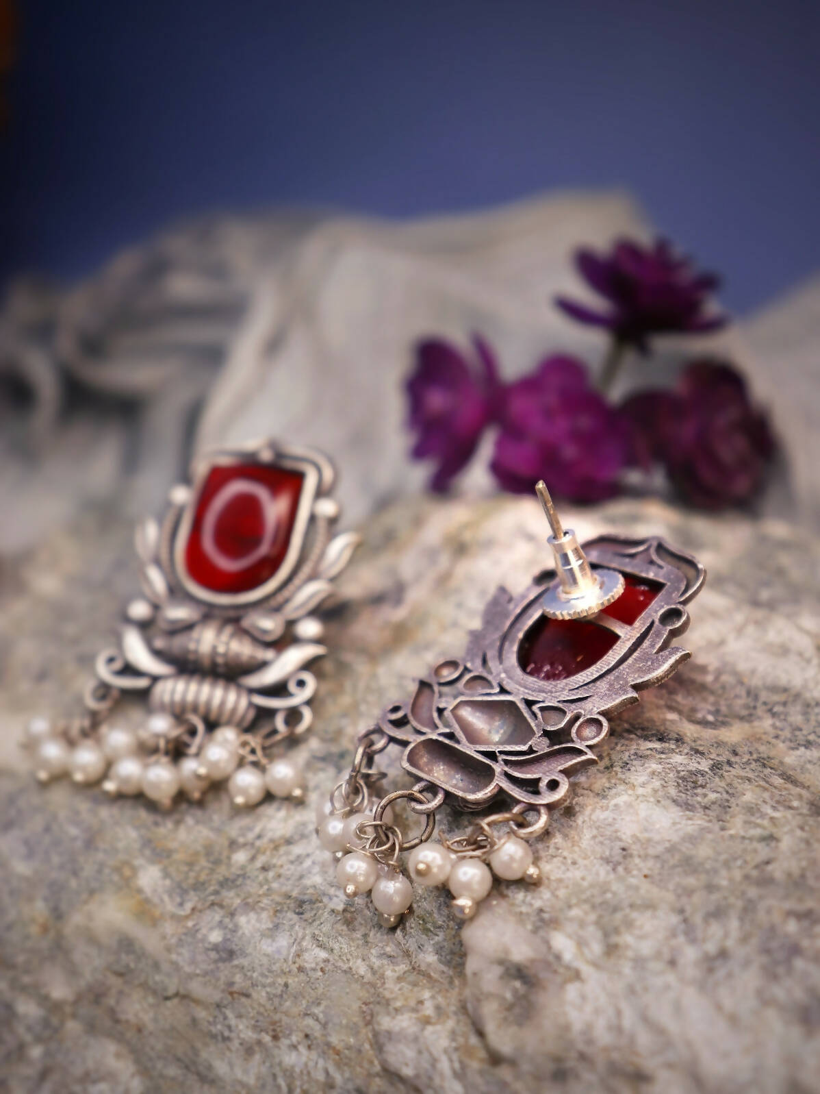 Handmade Brass Oxidized Silver look alike Evening Dinner Party Dangler Earrings with Pearls Red Stone -SHUBHRA