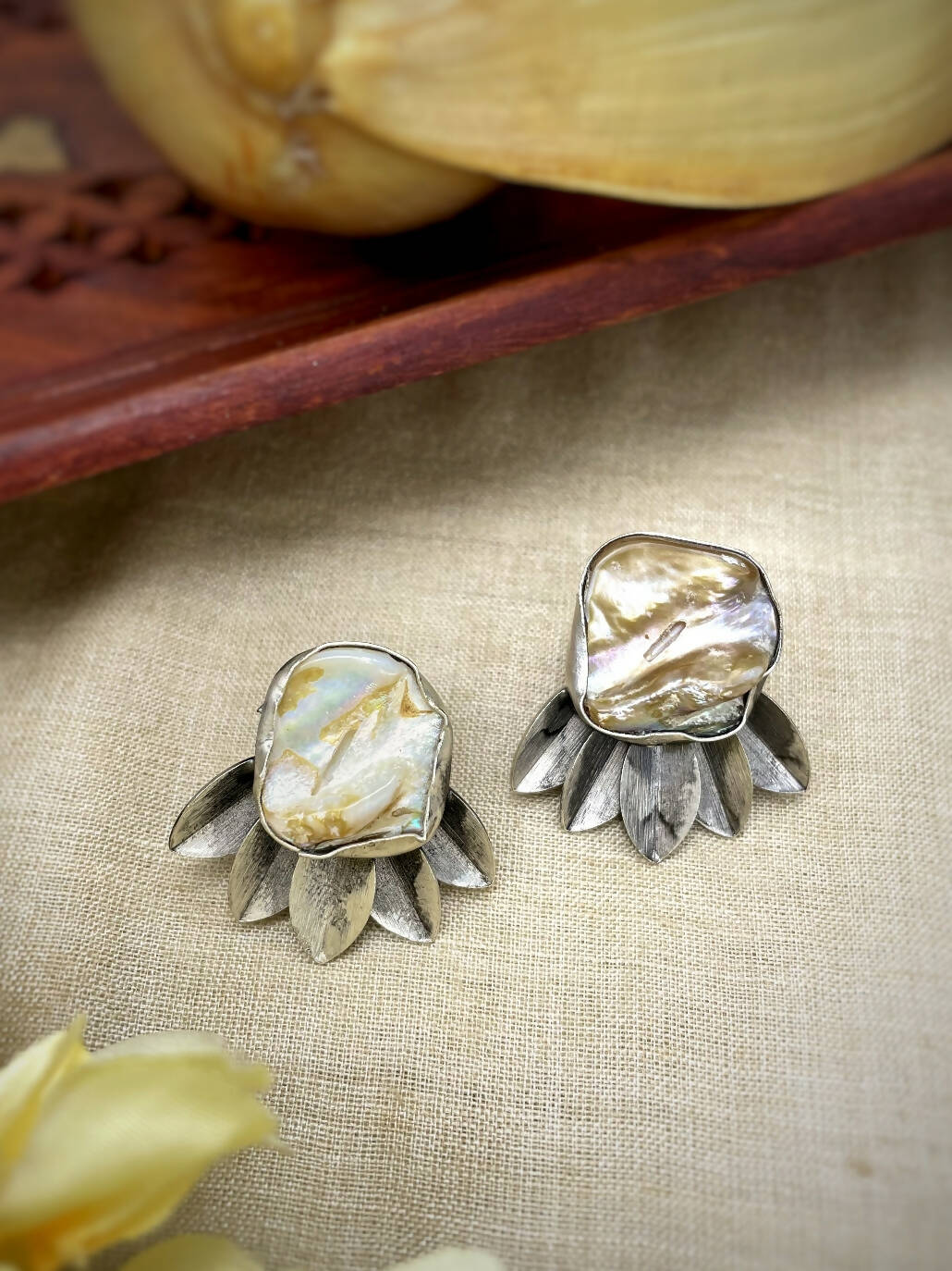 Handmade Brass Oxidized Silver look alike Stud Earrings with Cultured Pearl -TITIR