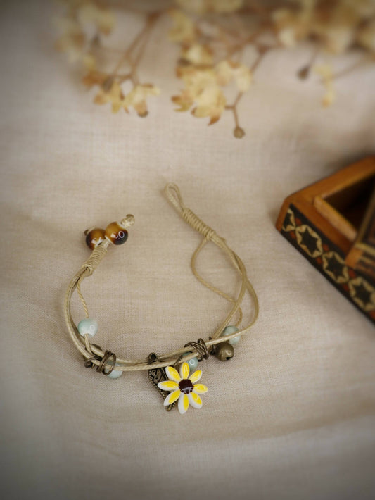 Handmade bracelet with metal charms, ceramic beads and sunflower for casual party and picnic- ABIRA
