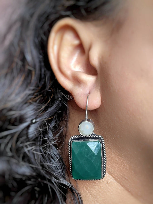 Handmade Brass Oxidized Silver look alike Dangler Earrings with Green Art stone and Art Pearl - ARBELLA