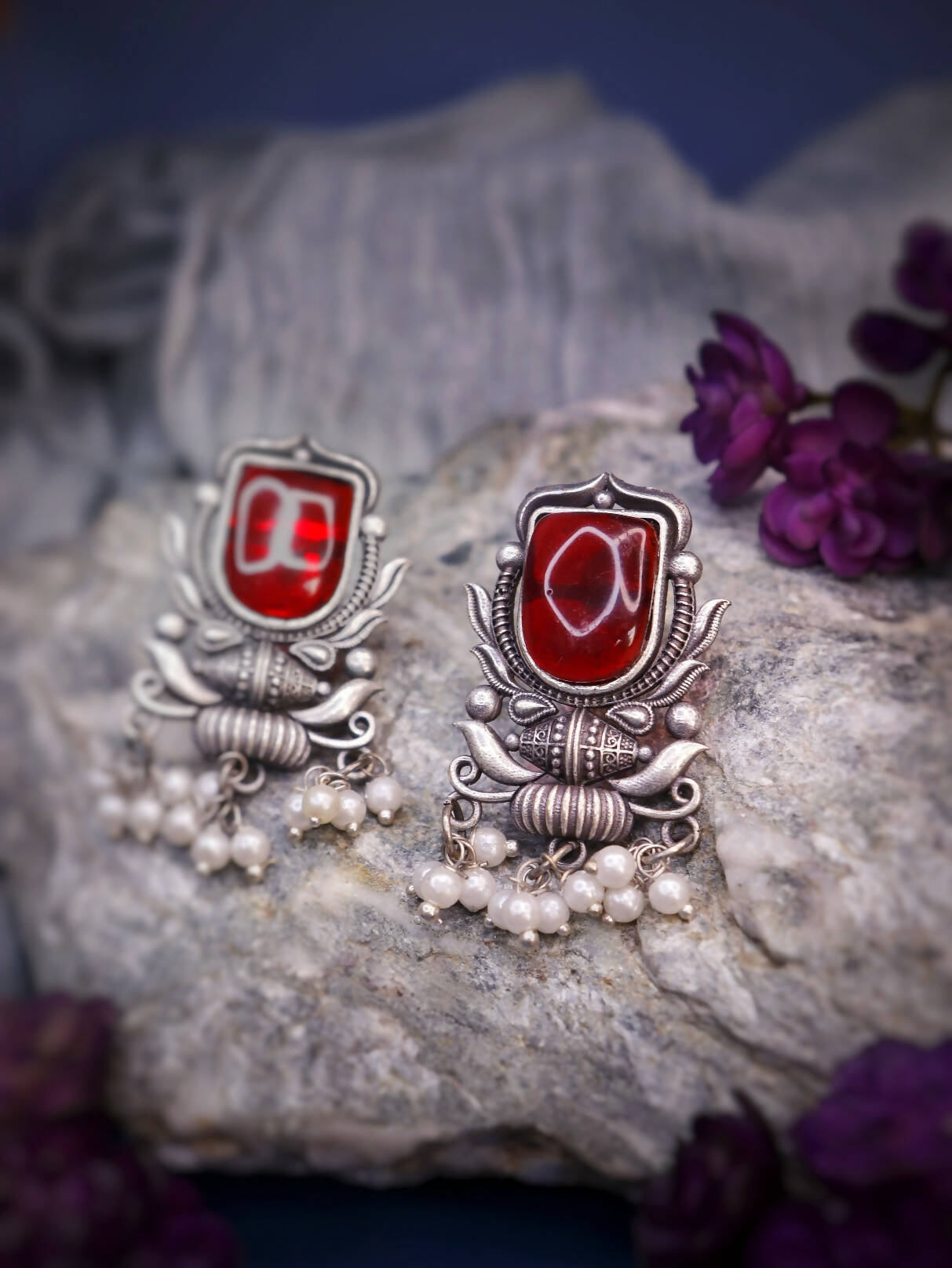 Handmade Brass Oxidized Silver look alike Evening Dinner Party Dangler Earrings with Pearls Red Stone -SHUBHRA