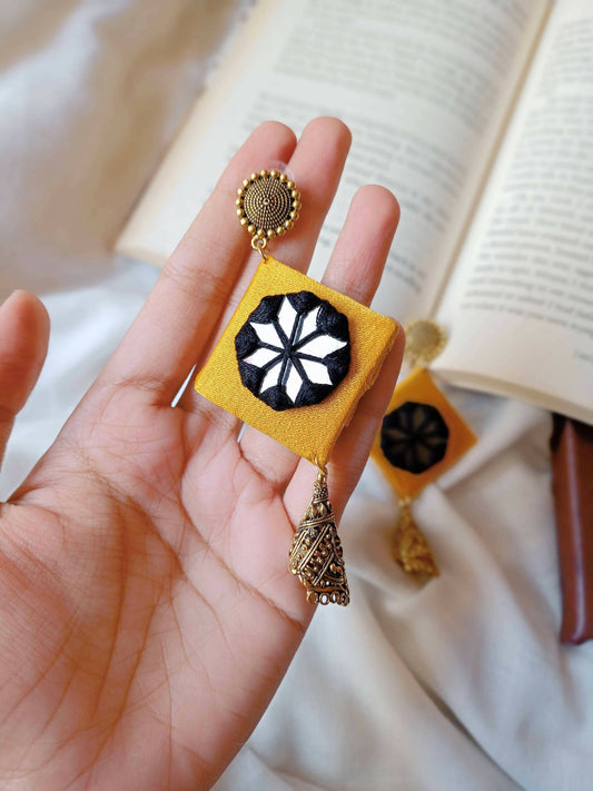 Rainvas Yellow and black mirror jhumka earrings