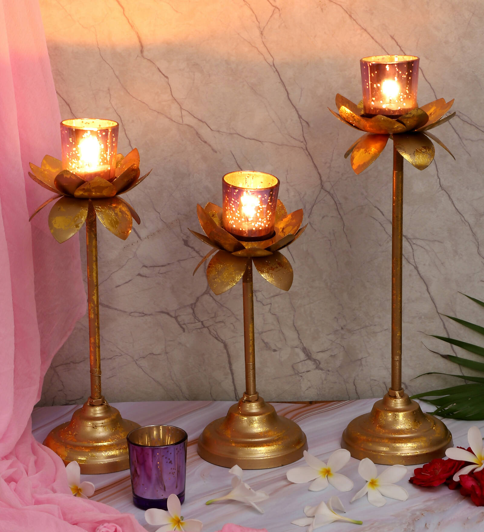 Three Layer Lotus With 4 Puprle Glass Votive Tealight Holder
