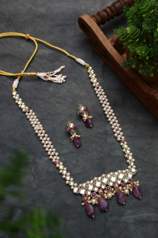 Amethyst Kundan and Pearl Long Necklace Set