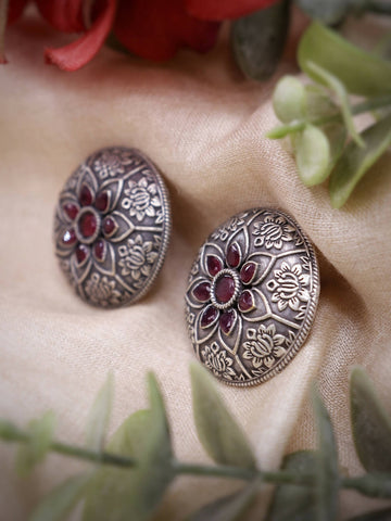 Handmade Brass Oxidized Silver look alike Party Stud Earrings with maroon art stone- MALINI