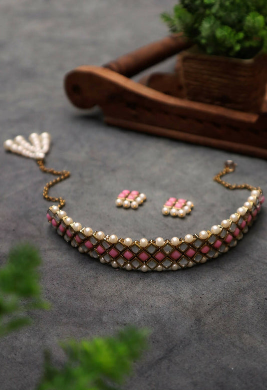 Kundan-Pink Stone Choker Necklace Set
