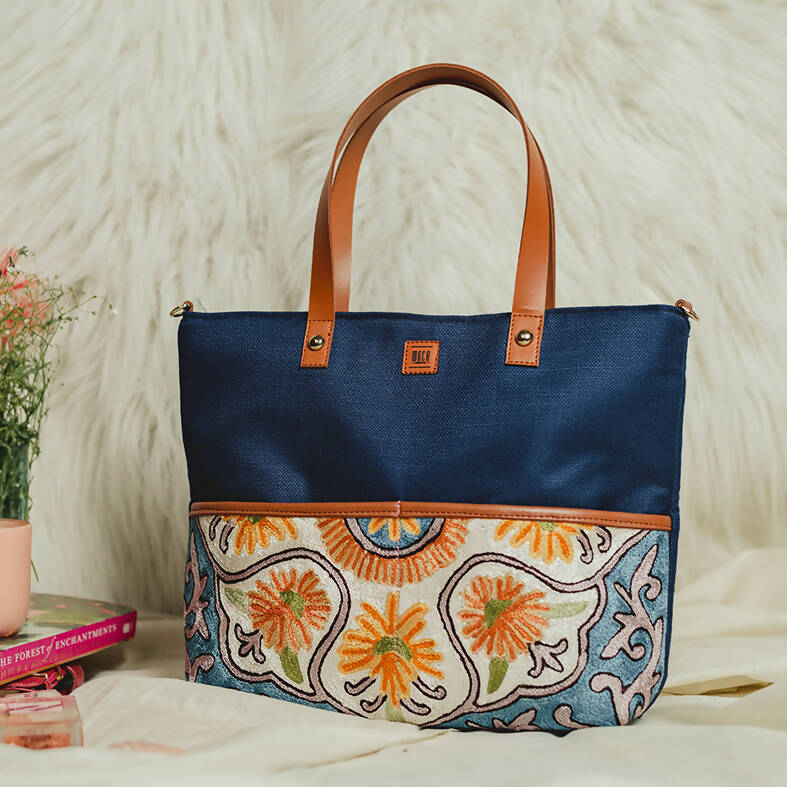 Lilly Pastel Navy Blue Chain Stitch Hand Embroidery Canvas Tote Bag