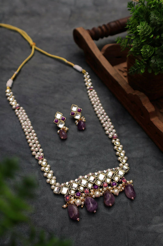 Amethyst Kundan and Pearl Long Necklace Set