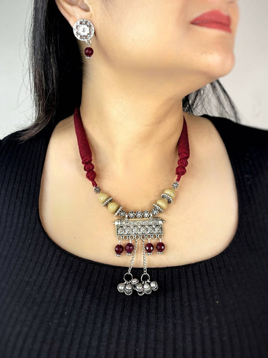 Handmade German silver oxidized silver look alike Evening Dinner Party Minimalistic Necklace set with Glass Beads- PRAPTI