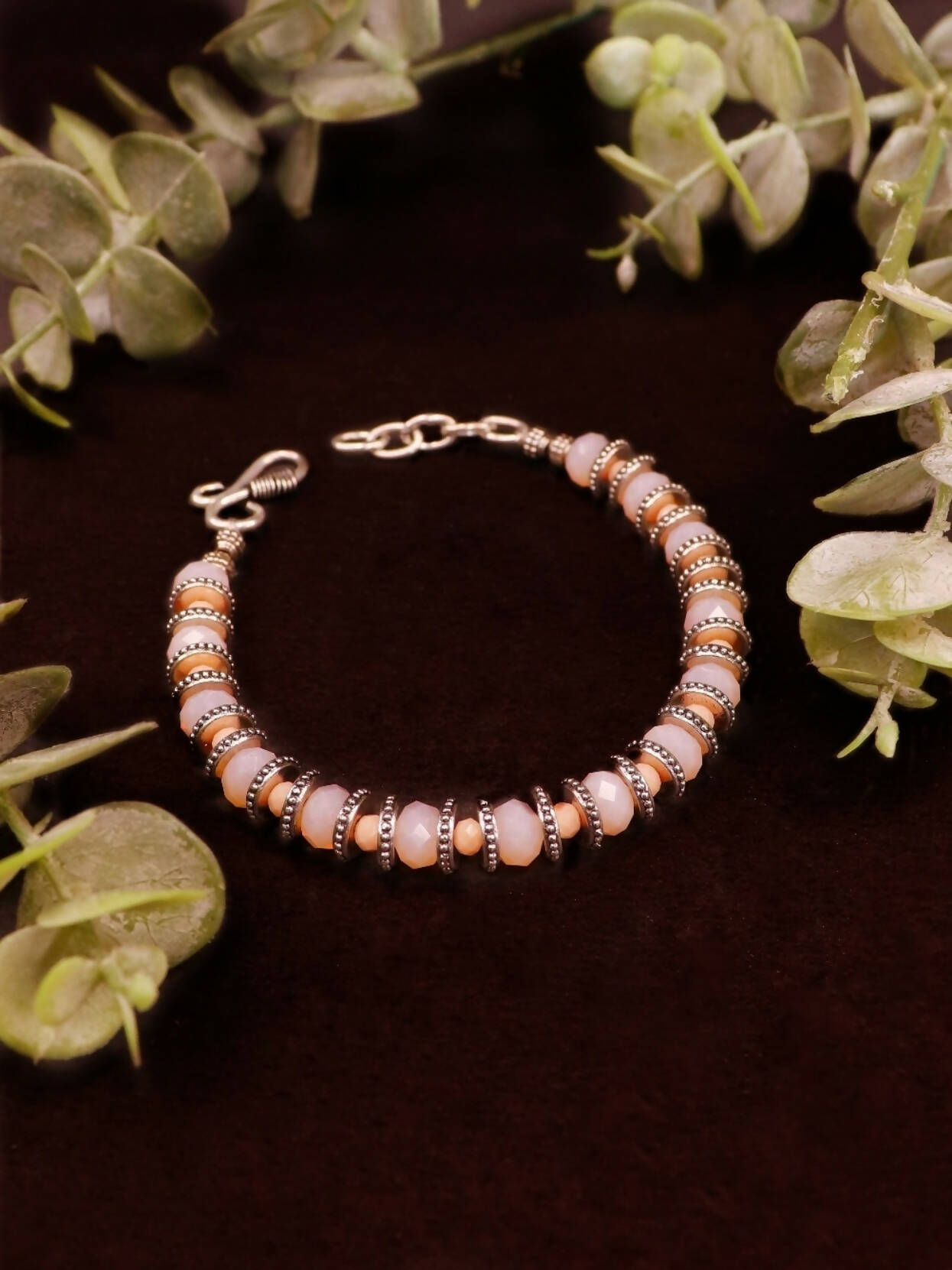 Handmade German silver oxidized silver look alike Office wear Bracelet with Light Pink and Peach Crystal Cut Beads - PRIYANKA